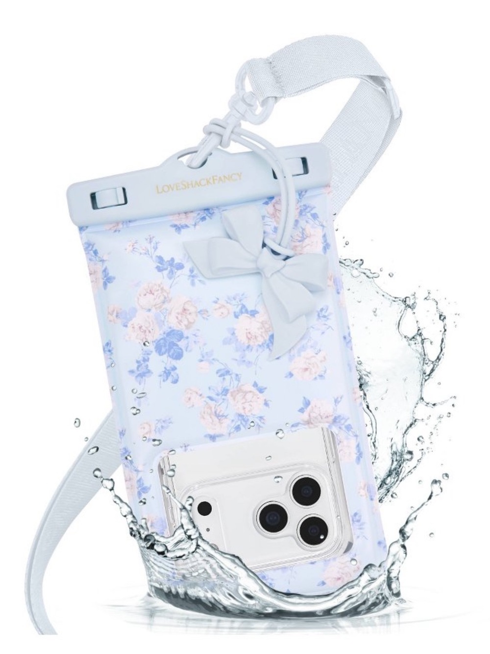 NWOT LoveShackFancy Light Blue Floral Waterproof Phone Pouch with Bow